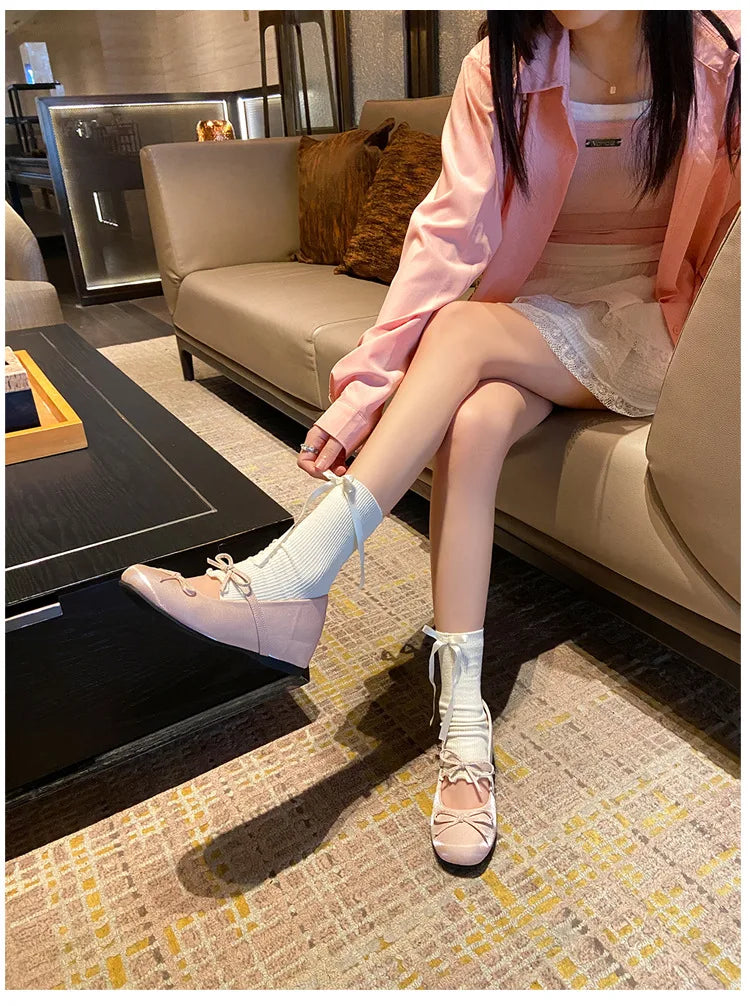 LIZAKOSHT  -  sweet pink silk height increasing flats women round toe bowtie lolita shoes ankle strap elevator mary janes shoes woman