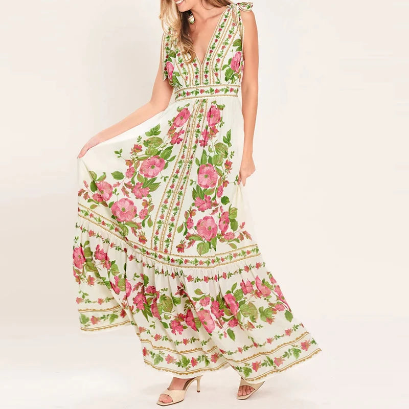 LIZAKOSHT  -  Sexy V-neck Women Vacation Long Dress Summer Casual Sleeveless Hight Waist Party Dress Elegant Print Draped Bow Maxi Dress