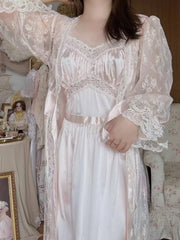 LIZAKOSHT  -  French Elegant Women Nightgown 2 Piece Set Princess Suspender Midi Dress with Soft Cardigan Comfortable Solid Home Loungewear