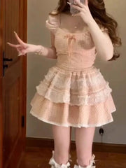 LIZAKOSHT  -  Pink Japanese Lolita Kawaii Dress Women Plaid Square Collar Party Mini Dress Female Bubble Sleeve France Elegant Bow Dress