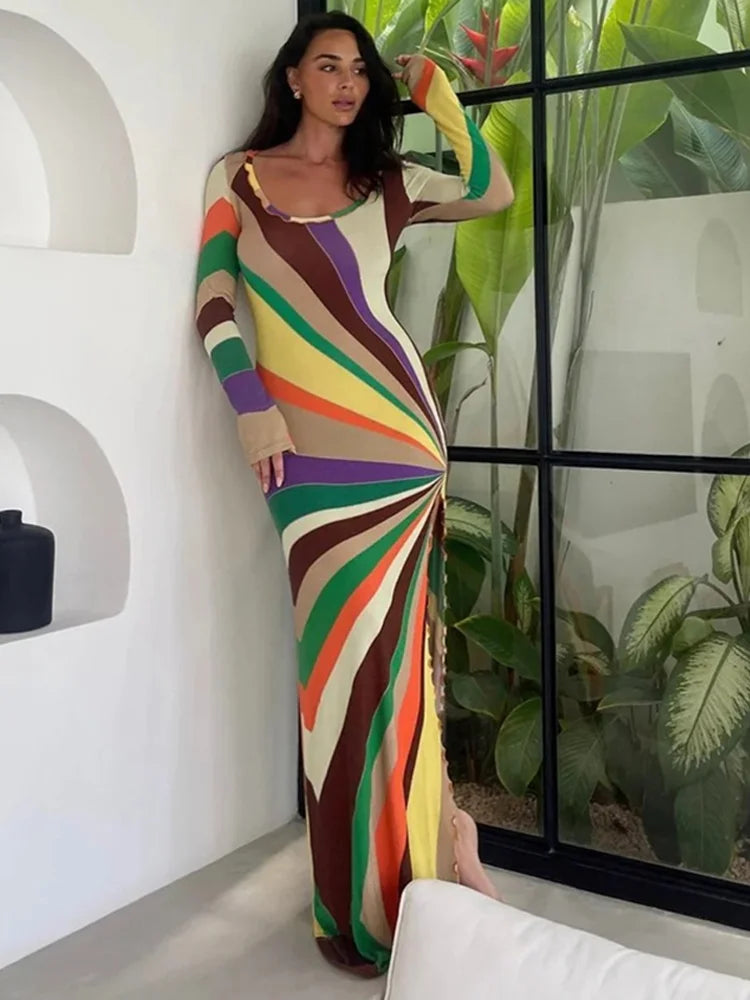 LIZAKOSHT  -  Women's Dresses Rainbow Outerwear Print Bodycon Maxi Dress Long Sleeve Summer Trendy High Slit Casual Evening Gown Woman Clothes