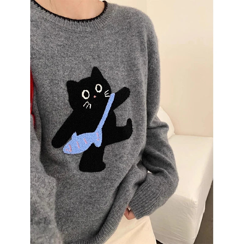 LIZAKOSHT  -  Cartoon Cat Sweater Women Kawaii Cute Print Knitted Pullovers Harajuku Korean Long Sleeve Knitwear Winter Red Jumpers New