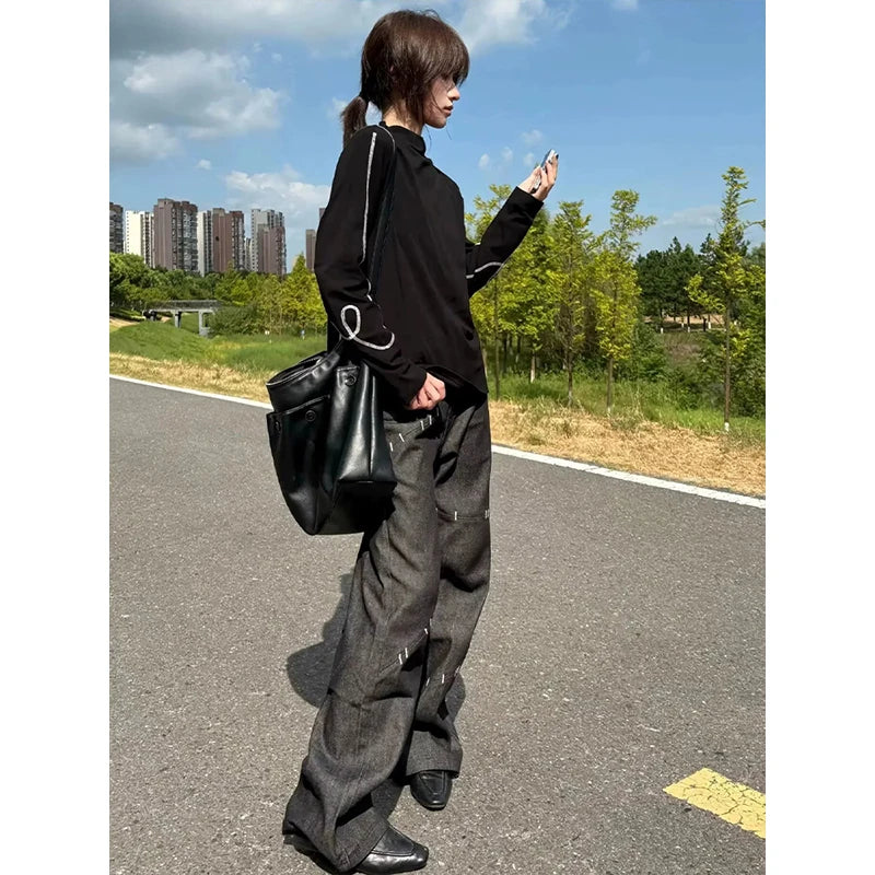 LIZAKOSHT  -  American Style Raw Denim Women's Workwear Patchwork Jeans Fashion Clean Fit Slightly Flared Straight Leg Denim Pants