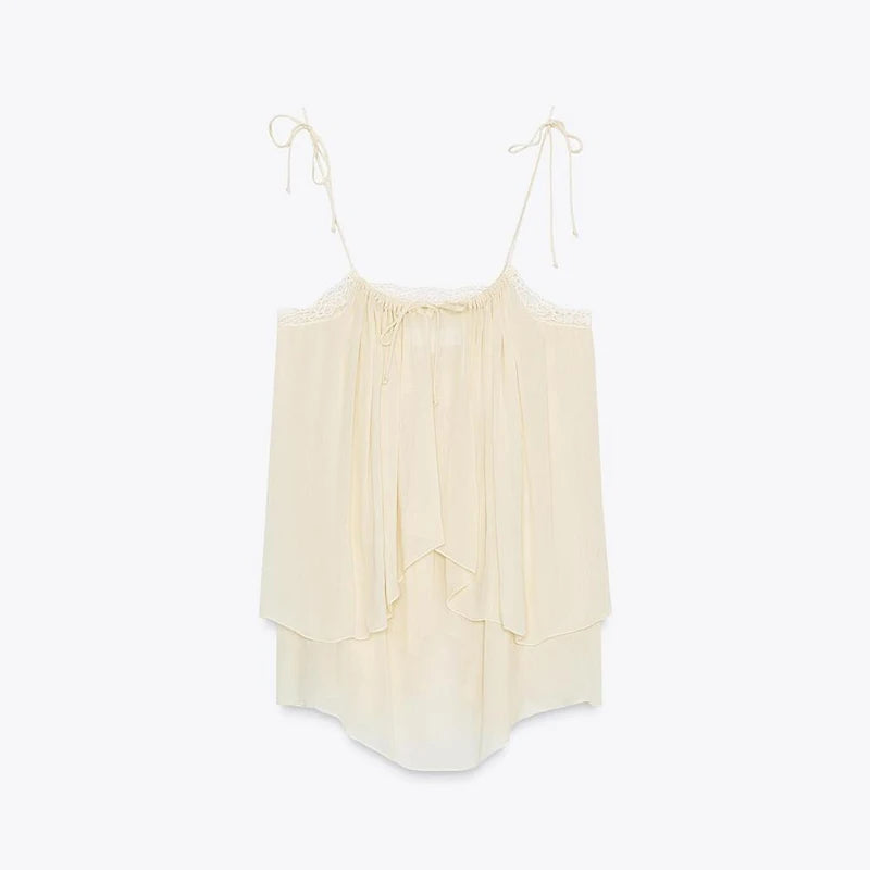 LIZAKOSHT  -  summer Women Loose-fitting Vest Casual Scoop Neck Sweet Spaghetti Strap Chiffon Blouses Ladies Ruffle Hem Flowy Cami Top