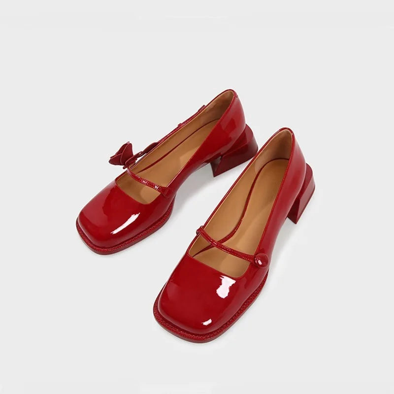 LIZAKOSHT  -  rose flower patent leather shoes woman brand designer sqaure toe pumps female thick heel button strap mary janes talons hauts