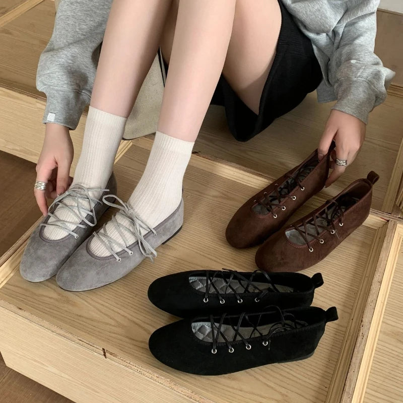 LIZAKOSHT  -  Autumn Cross Tied Round Toe Flat Shoes Women Retro Comfort Casual Shoes Shallow Ballet Style Elegant Mary Jane Shoes Women