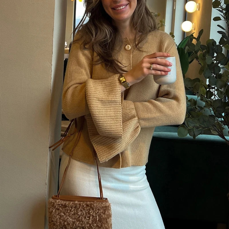 LIZAKOSHT  -  Women's Chic Solid Color Knitwear Cardigan Fuzzy Long Sleeve Button-down Front Closure Autumn Loose Fit Basic Sweaters 2025
