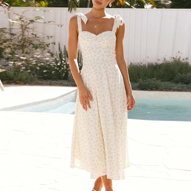 LIZAKOSHT  -  Fashion Floral Print High Waist Long Dress Casual Women Off Shoulder Pleated Beach Dress Sexy Sleeveless Holiday Suspender Dress