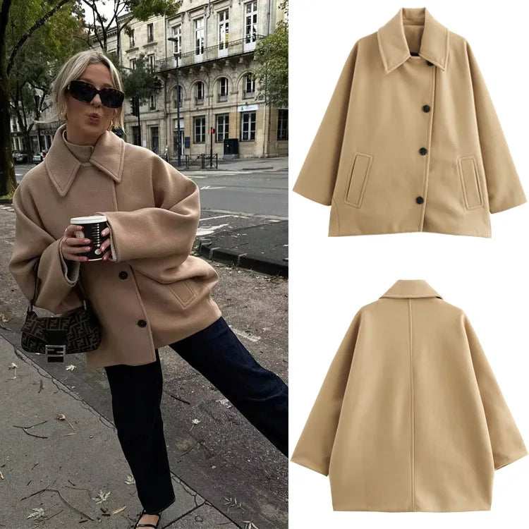 LIZAKOSHT  -  Elegant Single Breasted Wool Jacket Women Burgundy Loose Lapel Long Sleeve Pocket Female Coat 2025 Autumn Solid Commute Outwear