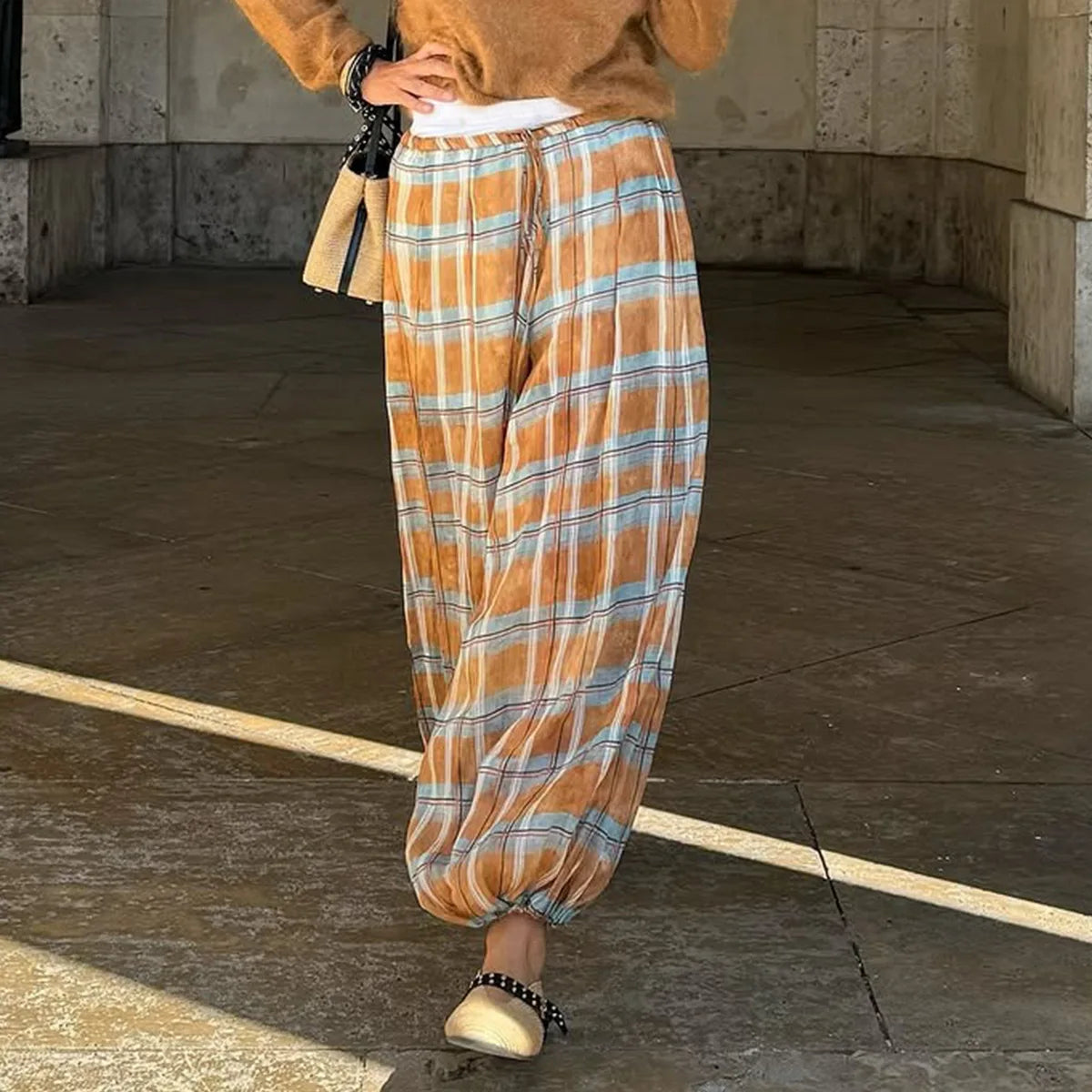 LIZAKOSHT  -  Y2K Vintage Plaid Printed Loose Pants Women Boho Ramie Bloomers Female Fashion Versatile Drawstring Streetwear Casual Trousers