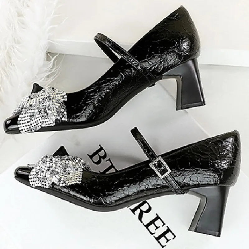 LIZAKOSHT  -  Luxury Rhinestone Bow Chunky Root Mary Jane Shoes Women Fashion Bow Buckle Pumps Summer Slingback Slide Sandals Zapatos De Mujer