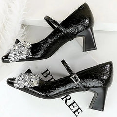 LIZAKOSHT  -  Luxury Rhinestone Bow Chunky Root Mary Jane Shoes Women Fashion Bow Buckle Pumps Summer Slingback Slide Sandals Zapatos De Mujer