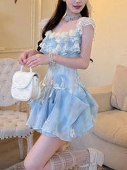 LIZAKOSHT  -  French Sweet Elegant Holiday Dress Women Chic Y2k Blue Casual Long Dress Japanese Fashion Vintage Kawaii Beach Style Outfits New