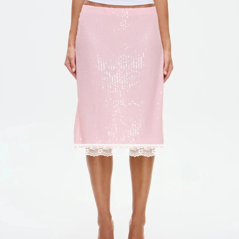 LIZAKOSHT  -  Womens Sequin Midi Skirts Y2K Elastic High Waisted Lace Trim Sparkly Stretchy Night Out Club Concerts Party Skirt
