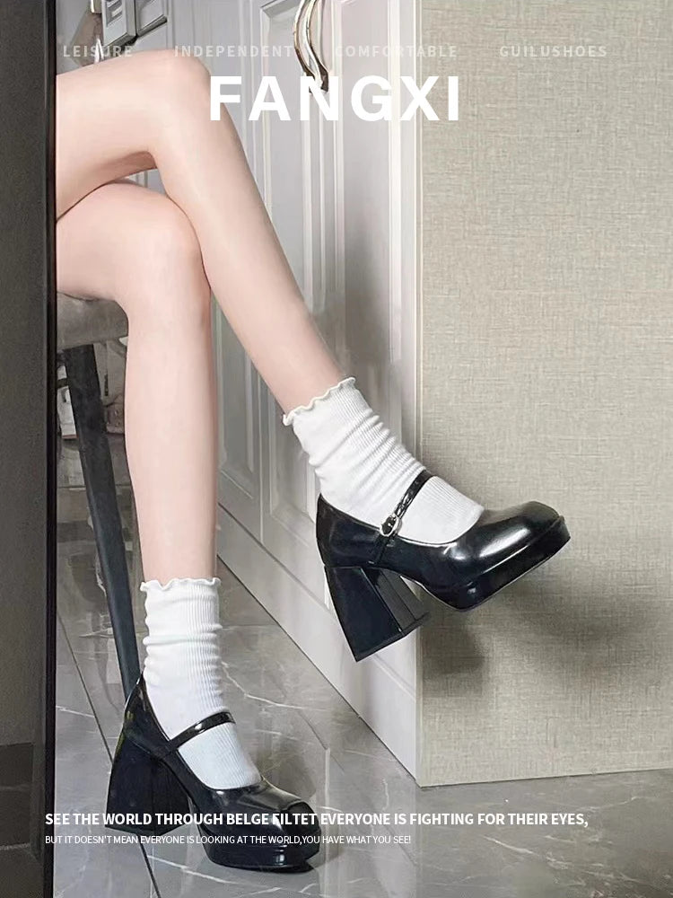 LIZAKOSHT  -  Korean Sweet White Black Jk High Heel Shoes For Girl Women Platform Round Toe Mary Janes Elegant Dress Shoes Square Heel Shoes