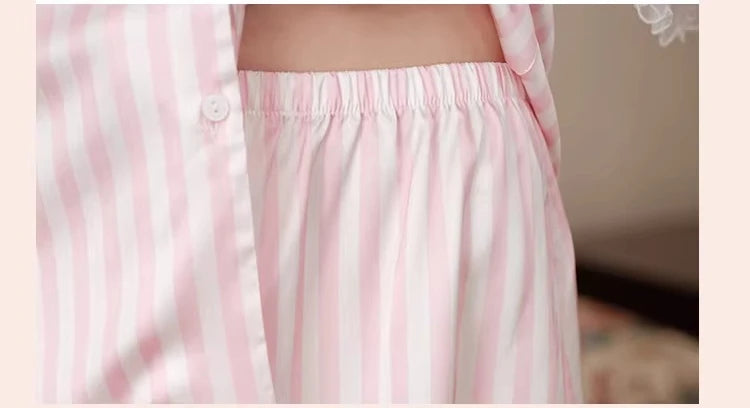LIZAKOSHT  -  Pink Short-sleeved Loungewear Suit Sexy Women 2 Piece Outfit French Striped Silk Lace Top Shorts Set Casual Pajamas Tracksuit