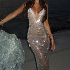 LIZAKOSHT  -  Summer Women Elegant Hollow Out Gowns Sexy Deep V-neck Sleeveless Beach Dress Spring Fashion Sequin Shinny Slim Long Dress