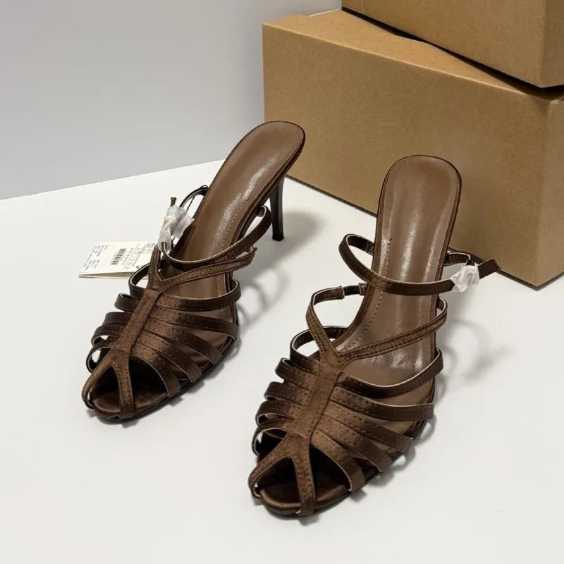 LIZAKOSHT  -  Summer Retro Style High Heels Women Roman Sandals Breathable Weaving Hollow Out Elegant Back Strap Date Banquet Lady Shoes