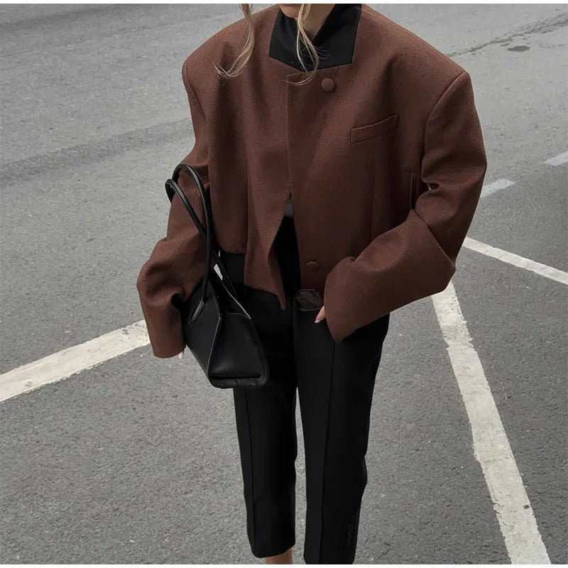 LIZAKOSHT  -  Women Vintage Lapel Neck Jackets Temperament Full Sleeve Pockets Short Jacket 2025 Autumn Lady Chic Daily Commute Outerwear