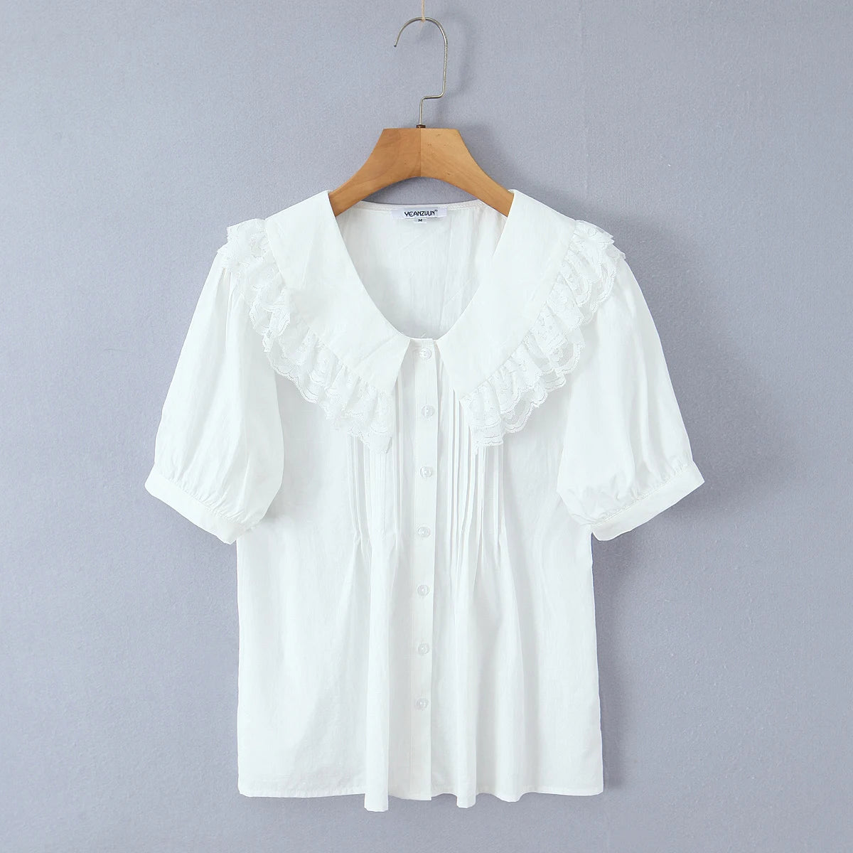 LIZAKOSHT  -  Holiday White Spliced Wood ears Lace Peter Pan Collar Short Puff Sleeve Shirt Women Fold Pleated Front Open Buttons Blouses Tops