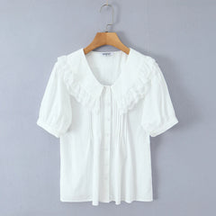 LIZAKOSHT  -  Holiday White Spliced Wood ears Lace Peter Pan Collar Short Puff Sleeve Shirt Women Fold Pleated Front Open Buttons Blouses Tops