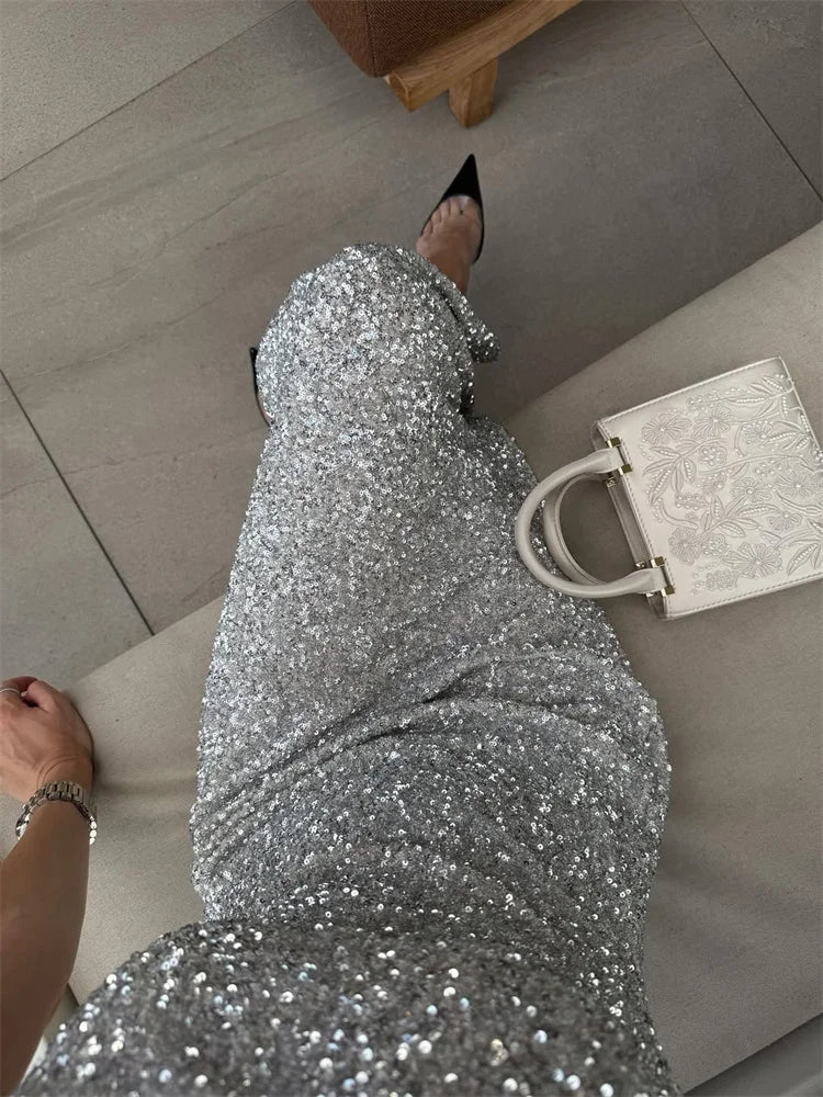LIZAKOSHT  -  Autumn Sequin Fashion Long Dress For Women Patchwork Backless Spaghetti Slim High Waist Party Dress Female Shiny Dress