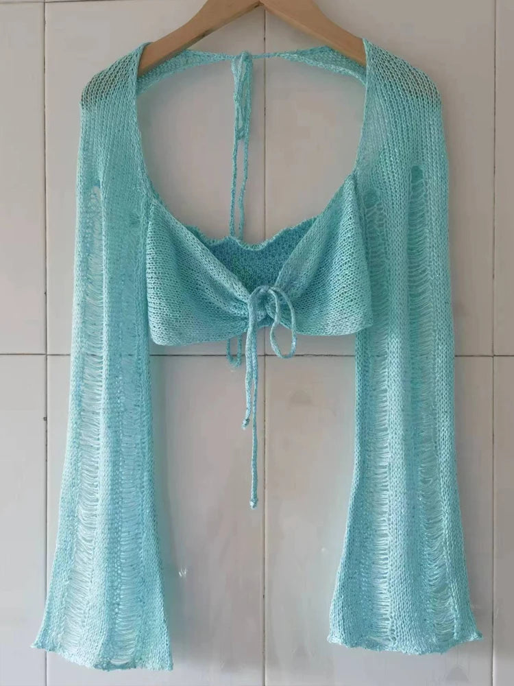 LIZAKOSHT  -  Women's Sheer Swim Cover Up 2 Piece Set Long Sleeve Knitted Hole Shirt and Bikini Coverup Wrap Skirts Solid Bathing Suit