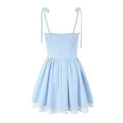 LIZAKOSHT  -  Sexy Elegant Women Lace Patchwork Front Bandage Sling Plaid Dress Low Waist Female Summer Mini Dress Party Robe