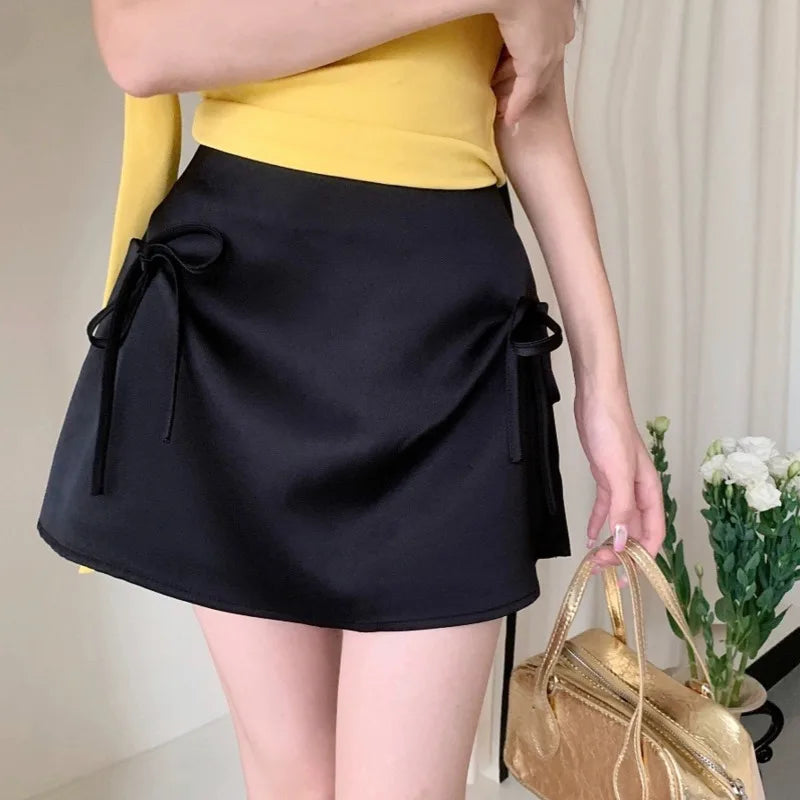 LIZAKOSHT  -  Bow Lace-up Satin Y2k Mini Skirts A-Line Pink Korean Style Skirts High Waist Zipper Sexy Slim Skirts Sweet Short Skirt For Women