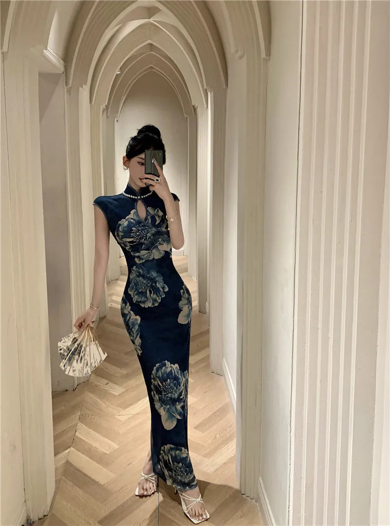 LIZAKOSHT  -  Retro Fashion Pearl Women's Skirt Slim Fit Printed High Quality Slimming  Dress Korean Style Stand Collar Wrap around