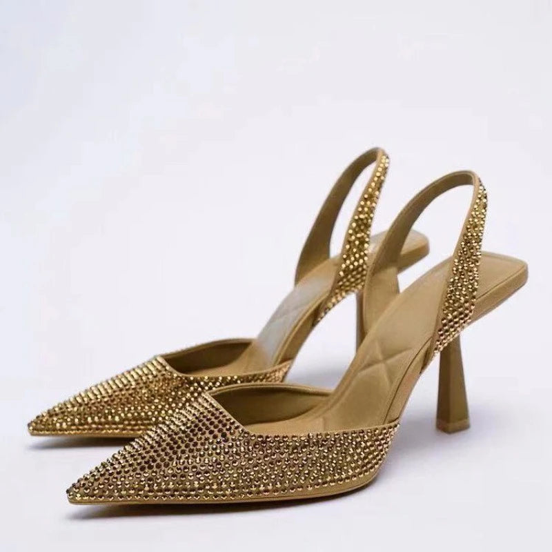 LIZAKOSHT  -  Summer New Brand Women Sandals Fashion Crystal Buckle Slingback High Heels Party Elegant Gold Woman Shoes Sexy Pumps