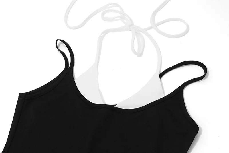 LIZAKOSHT  -  Sexy Backless Women Fake Two Piece Sets Black Spaghetti Strap V-neck Dress Female Summer Skinny Elegant Streetwear