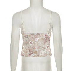 LIZAKOSHT  -  Women Sexy Sequins Flowers Embroidery Camis Crop Tops Lace Up V Neck Spaghetti Straps Backless Club Party Holiday Vests Camisole