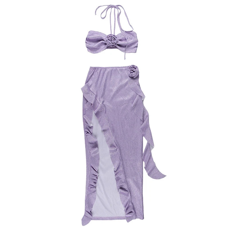 LIZAKOSHT  -  2 Piece Set y2k Summer Outfits Women Strapless 3D Rosette Halter Tops + Asymmetrical Ruffle Hem Skirt Party Clubwear