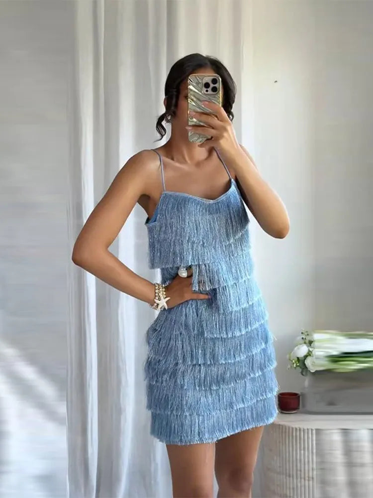 LIZAKOSHT  -  Tassel Short Dress Top Women Sleeveless Lace Up Backless Hip Package Vestidos Full Sleeve Loose Cardigan Autumn Party Clothes