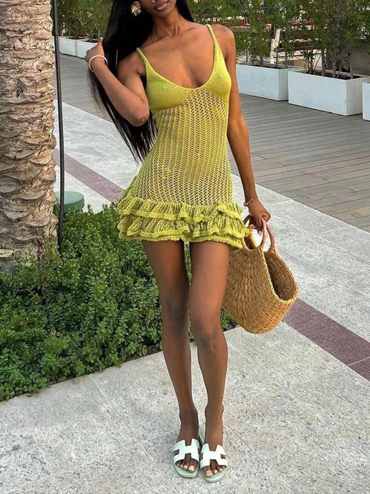 LIZAKOSHT  -  Fashion Women Green Pleated Knited Mini Dress Sexy Hollow Out Sleeveless Bodycon Dresses Summer Vocation Beach Casual Wear