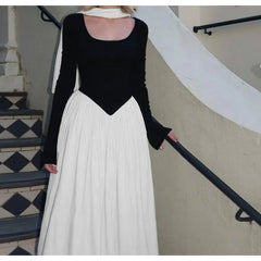 LIZAKOSHT  -  Fashion Autumn and Winter New Women's Fashion Contrast Sexy U-neck Long Sleeves Waist Big Swing Dress for Women