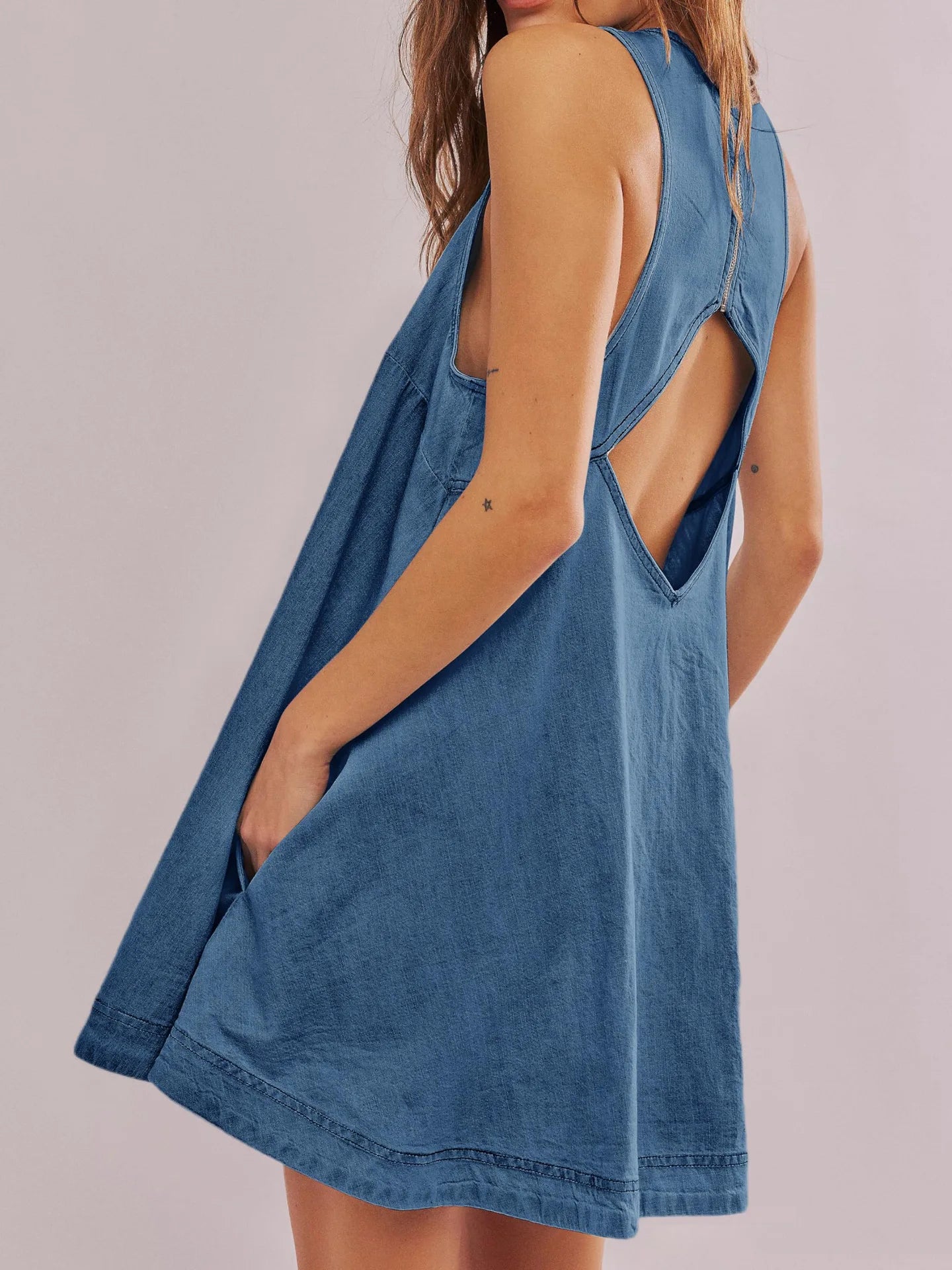 LIZAKOSHT  -  Spring Summer 2025 New Denim Dress Women Sundress Loose A-line Peplum Pockets Backless Casual Sleeveless Mini Dress Female 53932