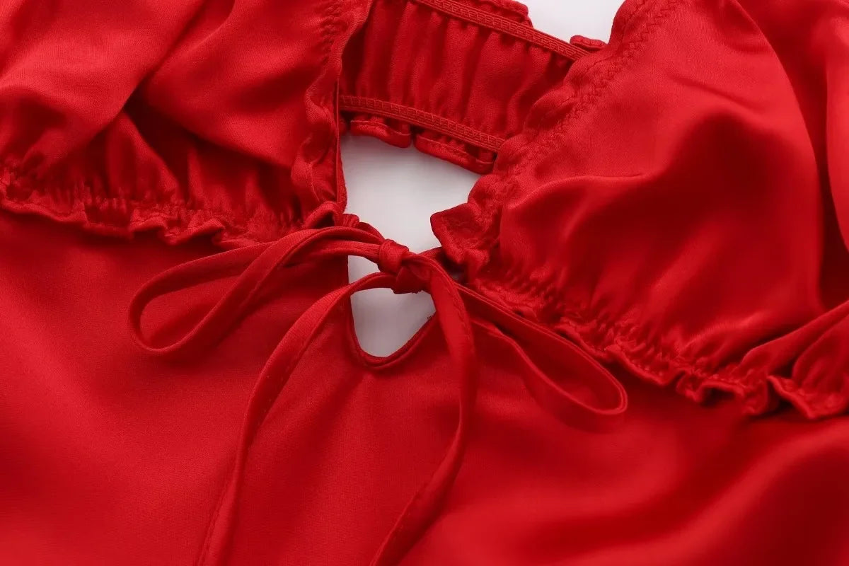 LIZAKOSHT  -  Summer Laminated Decorative Satin Texture Sling V-neck Dress Women Backless Red Long Party Dress Chic Female Evening Mujer