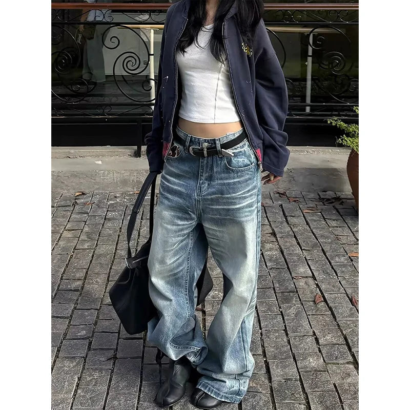 LIZAKOSHT  -  Women's Gothic Y2k Blue Jeans Vintage Hiphop Grunge American Splicing Jeans Pants Baggy Boyfriend Wide Leg Denim Pants