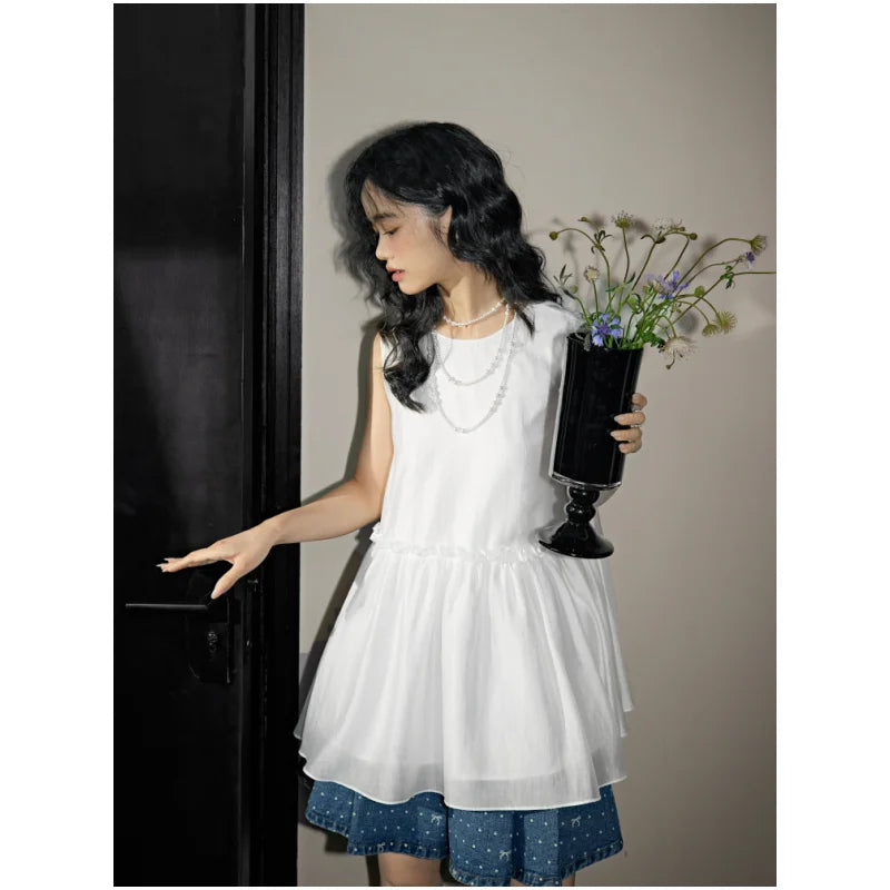LIZAKOSHT  -  Sleeveless Doll Shirt with Ruffled Hem in Summer Slim Temperament Wind Vest Suspender Top Female
