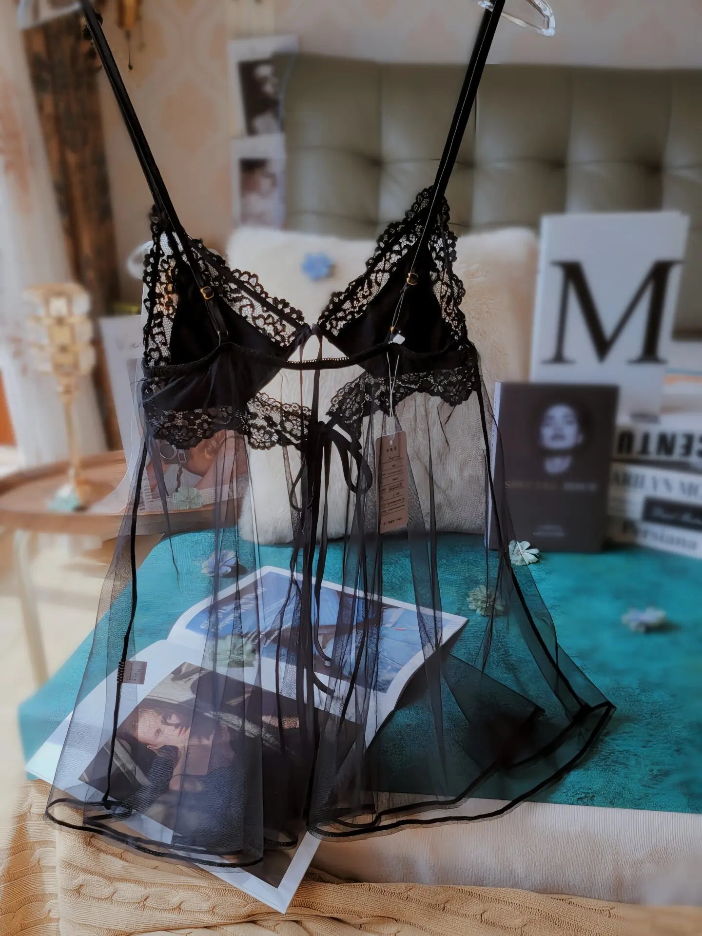 Sexy Pajamas First Love See Through Mesh Lace Suspender Nightdress with Panties High Quality French Women's Underwear Set