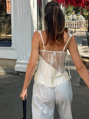 LIZAKOSHT  -  Women Tank Top Lace Trim Daily Layering V Neck Sleeveless Satin Cami Tops Bow Tie Spaghetti Strap Camisole V2k Vintage Clothes