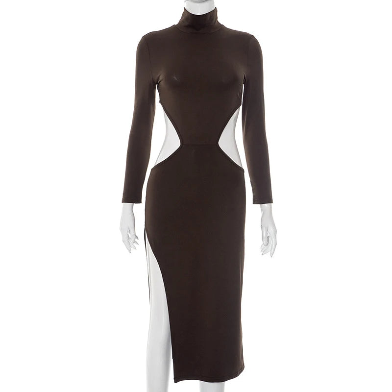 LIZAKOSHT  -  High Collar Hollow Out Solid Color Long-sleeved Bodycon Slim Dresses Sexy Split Skinny Elegant Club Maxi Vestidos