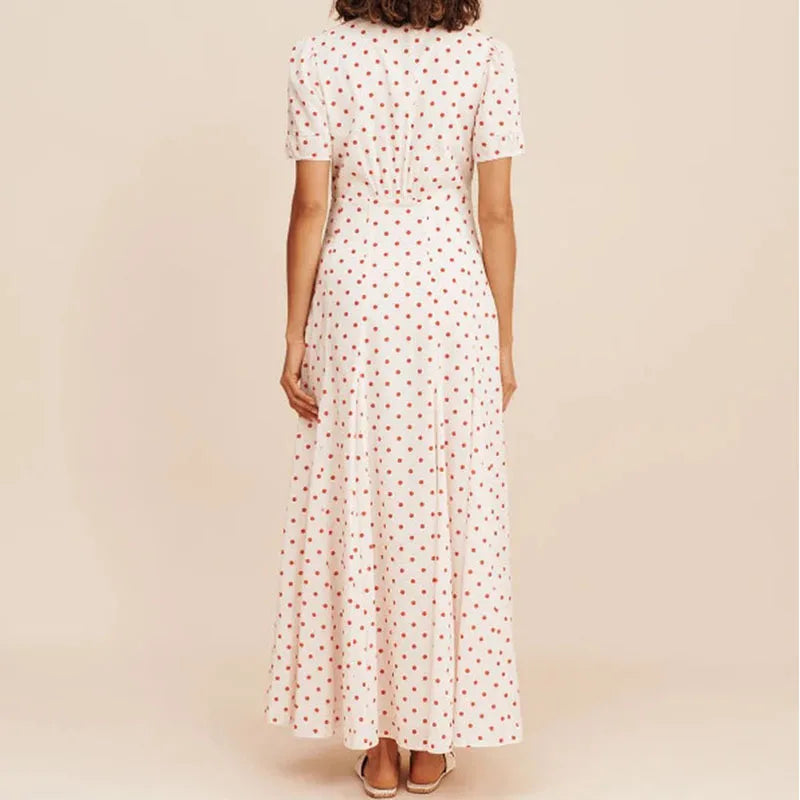 LIZAKOSHT  -  Elegant Polka Dot Printed Bohemian Women Long Dress Fashion Hight Wasit Party Dress V-neck Short Sleeve Seaside Vacation Dress