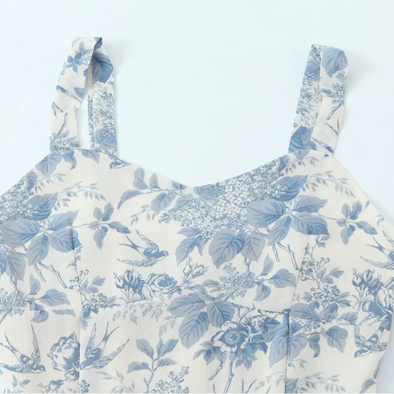 LIZAKOSHT  -  Vintage French Bird Floral Print Tank Dress Women V neck Slim Waist Folds Ruffles Hem Midi Long A-line Swing Dresses Vestidos