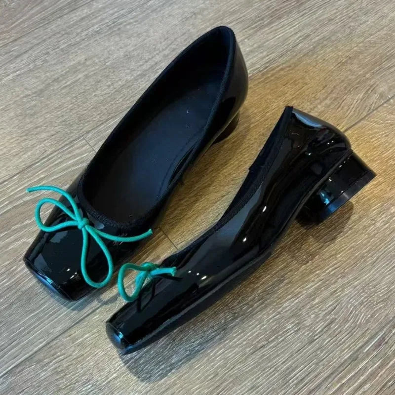 LIZAKOSHT  -  Patent Leather Fashion Mary Jane Shoes Women Pumps Shallow Women Shoes Bow Low Heel Elegant High Heels Female Zapatos De Mujer