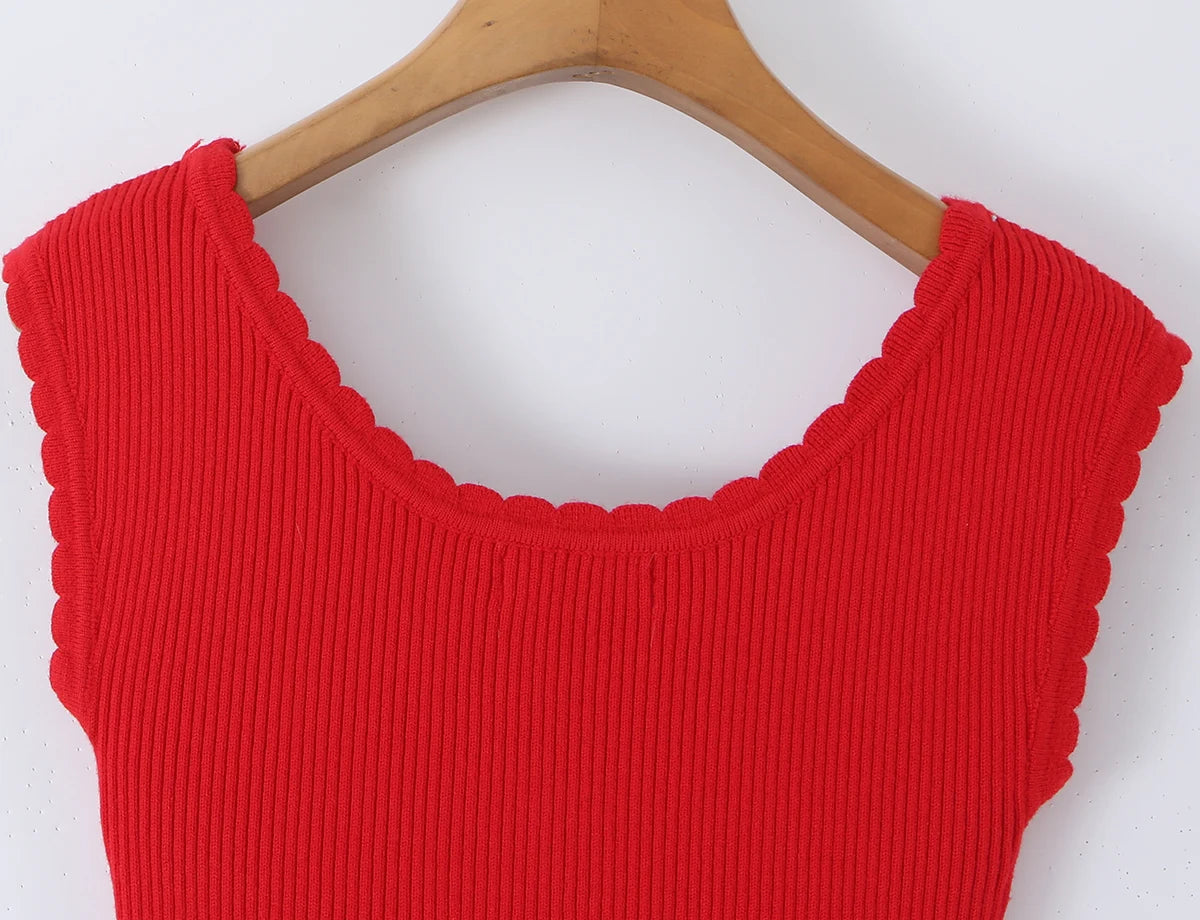 LIZAKOSHT  -  CHIC Wave O neck Rib Knitted Mini Sleeveless Dress Women Slim Waist Spliced Ruffles A-line Hem Knitting Dresses Short Sun Robe