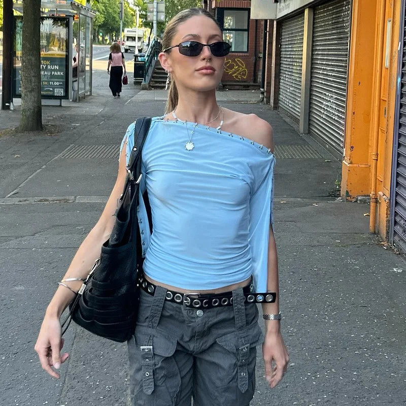 LIZAKOSHT  -  Women's Chic Diagonal Collar T-shirts Sexy Off Shoulder Half Sleeve Asymmetrical Crop Tops Ladies Blue T Shirt Streetwear