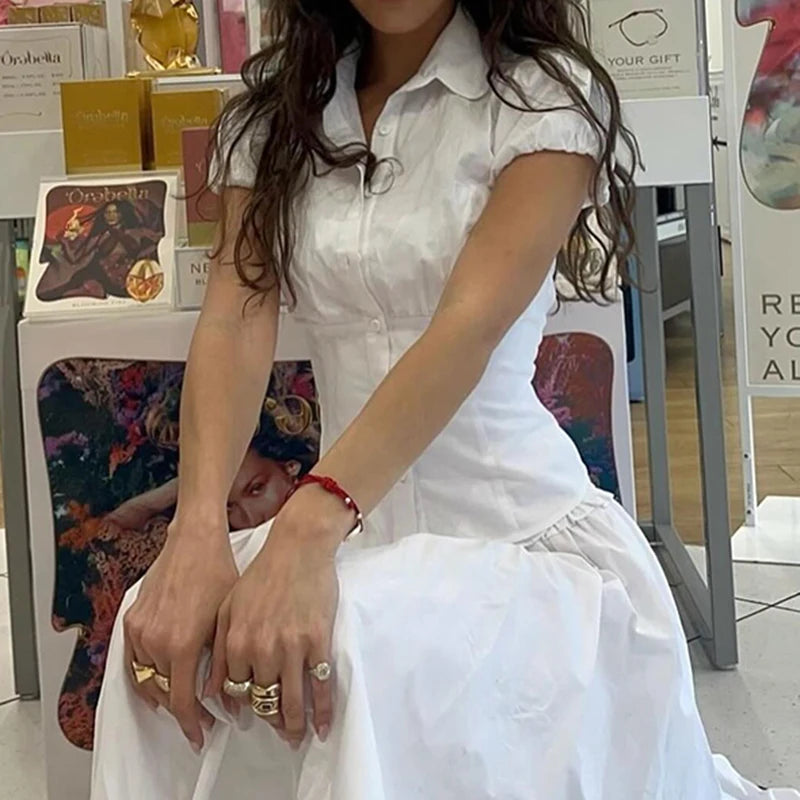LIZAKOSHT  -  Casual Solid Tee Shirts for Women Turn-down Collar Button Up Corset Blouses Korean Short Sleeves Fashion Cute Tops